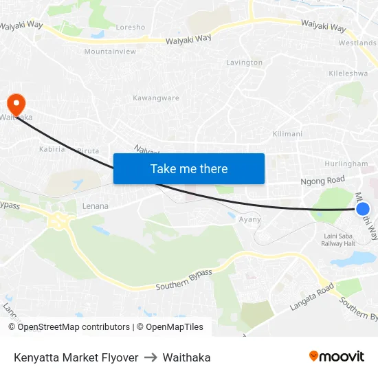 Kenyatta Market Flyover to Waithaka map