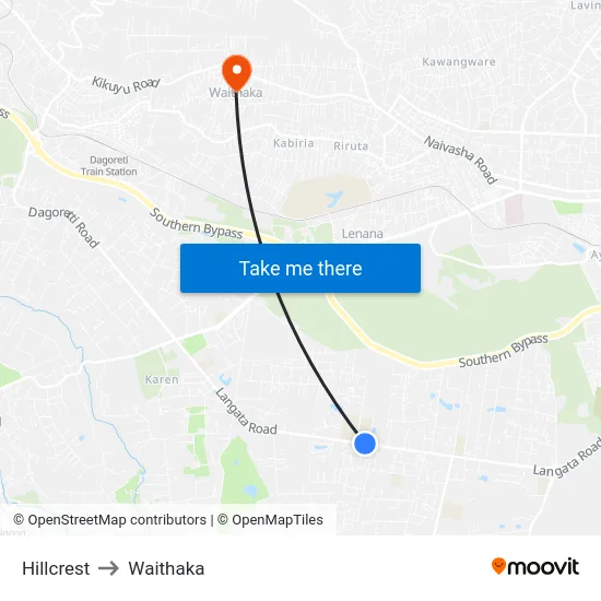 Hillcrest to Waithaka map