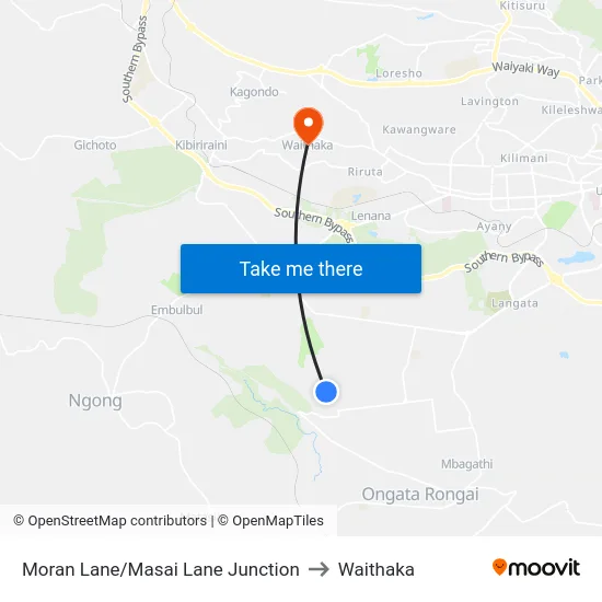 Moran Lane/Masai Lane Junction to Waithaka map