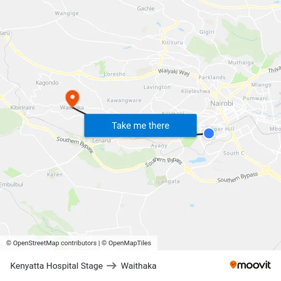 Kenyatta Hospital Stage to Waithaka map