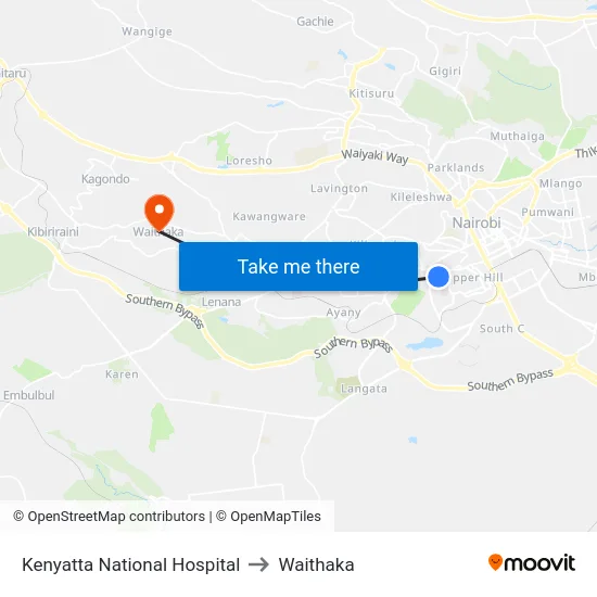 Kenyatta National Hospital to Waithaka map