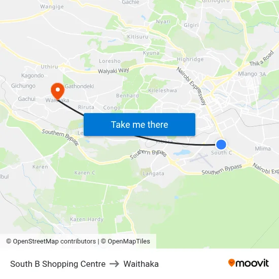South B Shopping Centre to Waithaka map