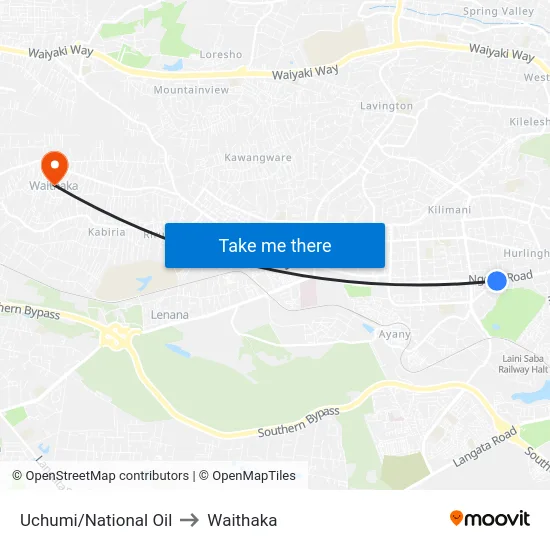 Uchumi/National Oil to Waithaka map