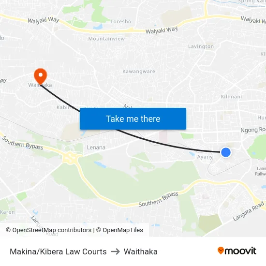 Makina/Kibera Law Courts to Waithaka map