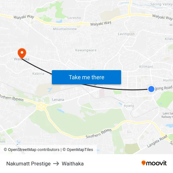 Nakumatt Prestige to Waithaka map