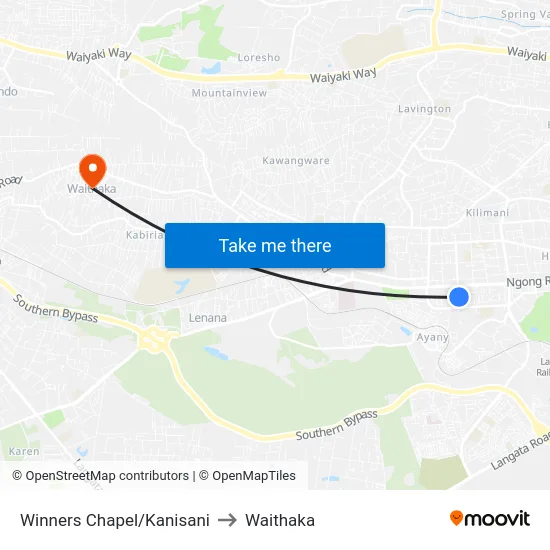 Winners Chapel/Kanisani to Waithaka map