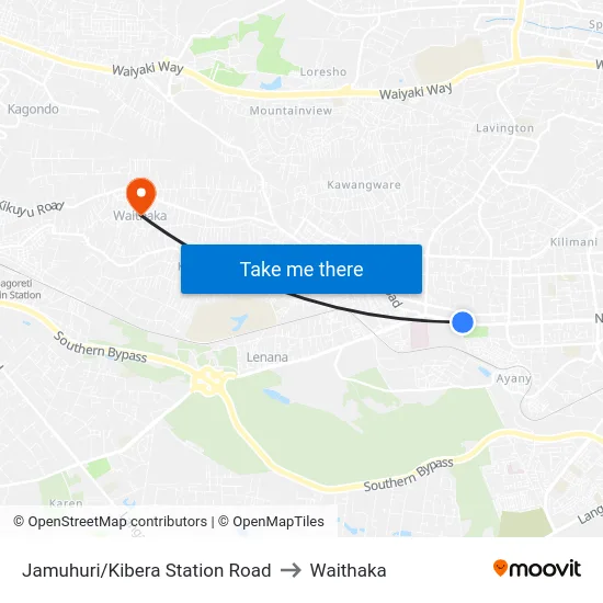 Jamuhuri/Kibera Station Road to Waithaka map