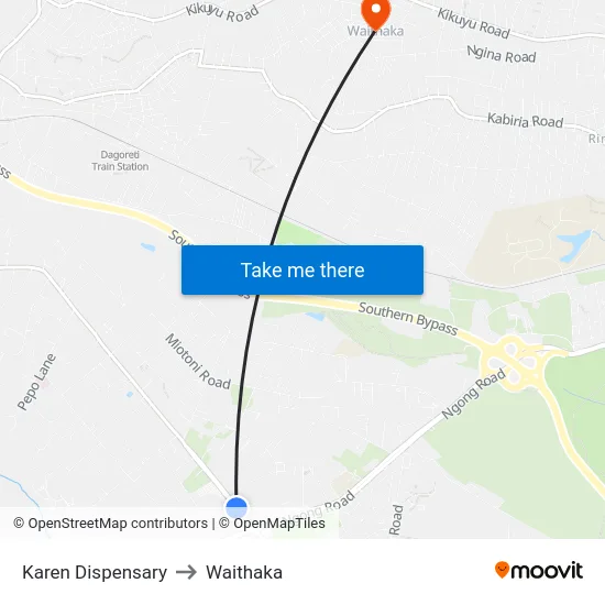 Karen Dispensary to Waithaka map