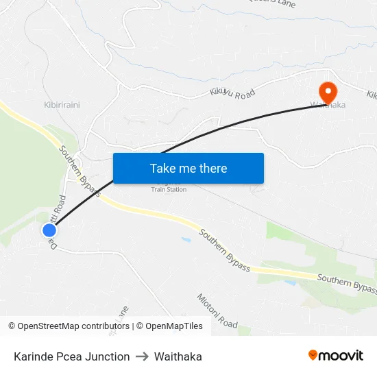 Karinde Pcea Junction to Waithaka map
