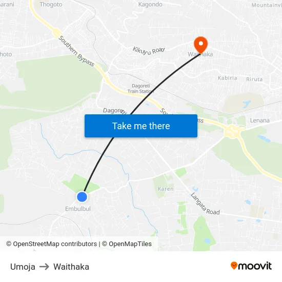 Umoja to Waithaka map