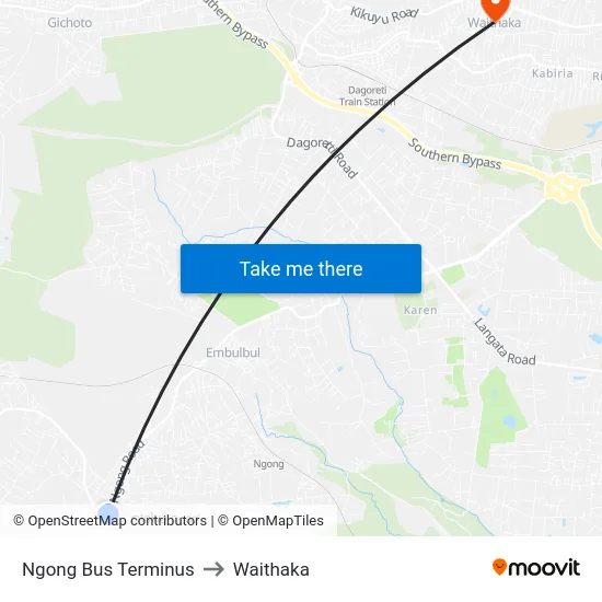 Ngong Bus Terminus to Waithaka map