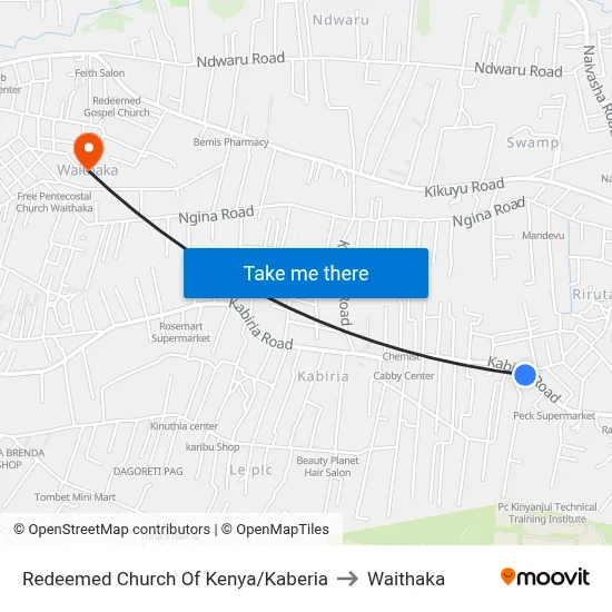 Redeemed Church Of Kenya/Kaberia to Waithaka map