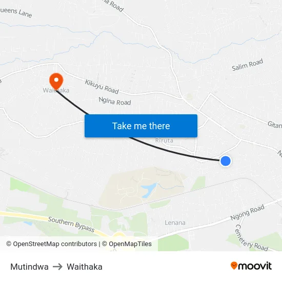 Mutindwa to Waithaka map