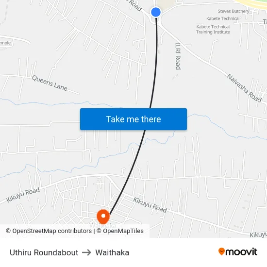 Uthiru Roundabout to Waithaka map