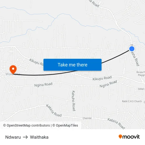 Ndwaru to Waithaka map