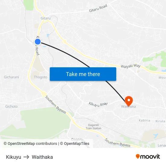 Kikuyu to Waithaka map