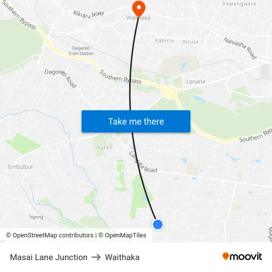 Masai Lane Junction to Waithaka map
