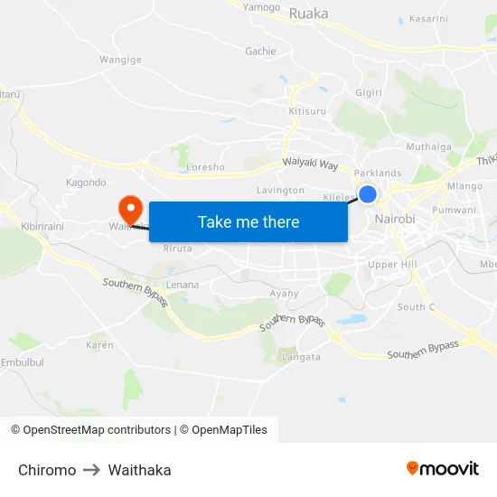Chiromo to Waithaka map