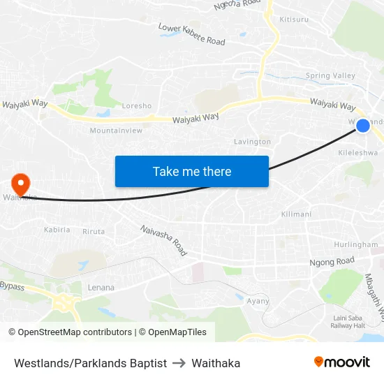 Westlands/Parklands Baptist to Waithaka map