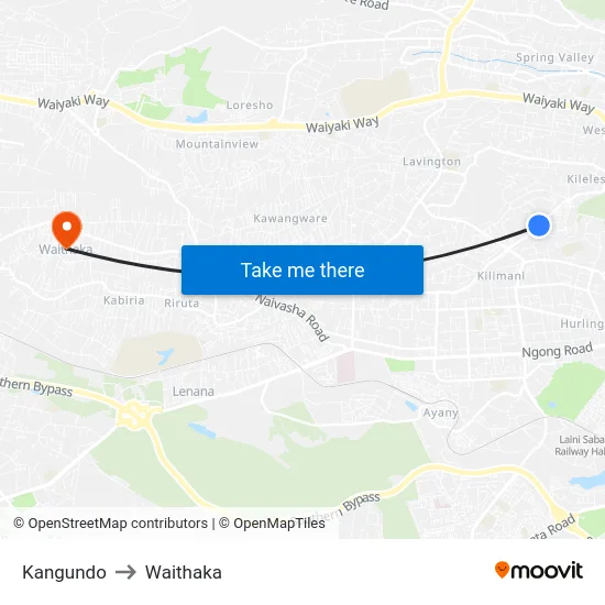 Kangundo to Waithaka map