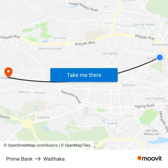 Prime Bank to Waithaka map
