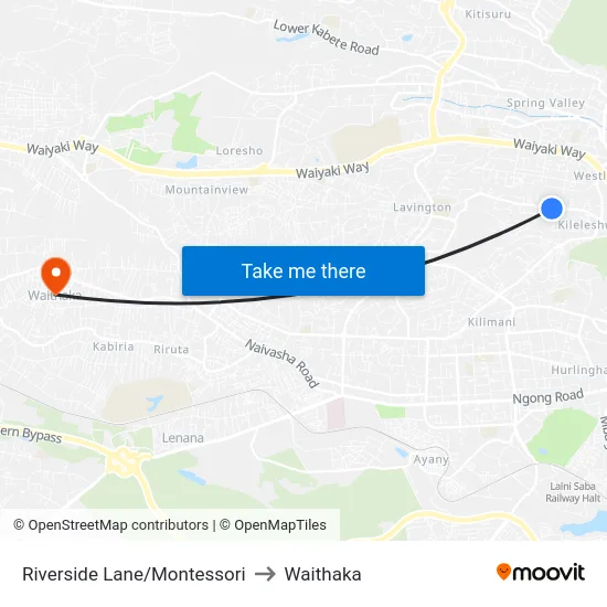 Riverside Lane/Montessori to Waithaka map
