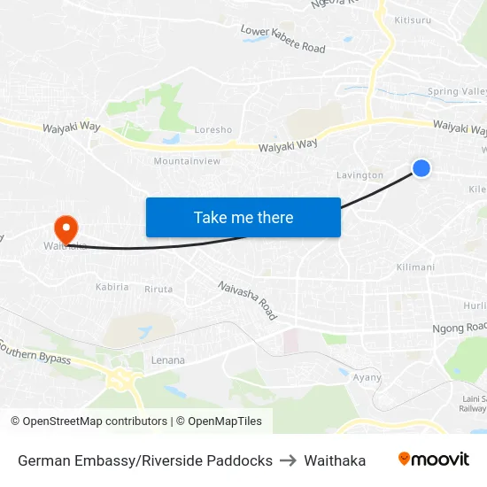 German Embassy/Riverside Paddocks to Waithaka map
