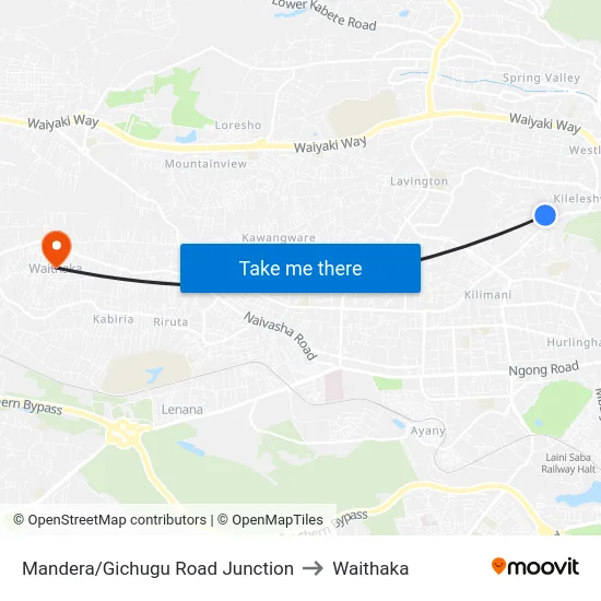 Mandera/Gichugu Road Junction to Waithaka map