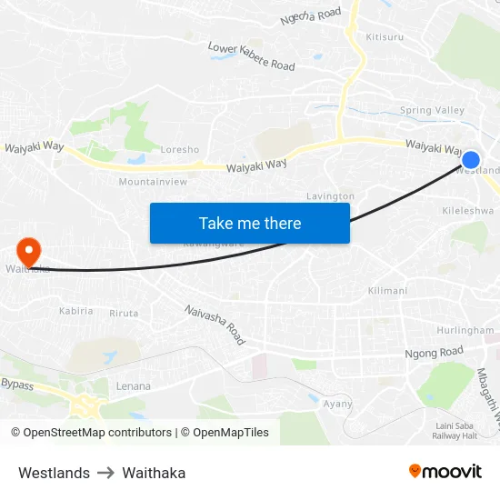 Westlands to Waithaka map