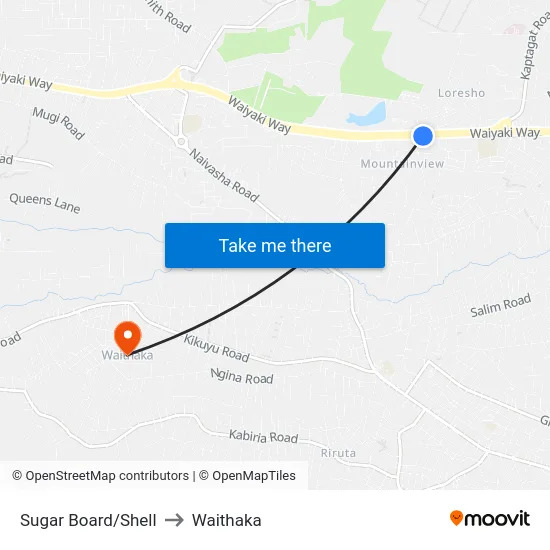 Sugar Board/Shell to Waithaka map