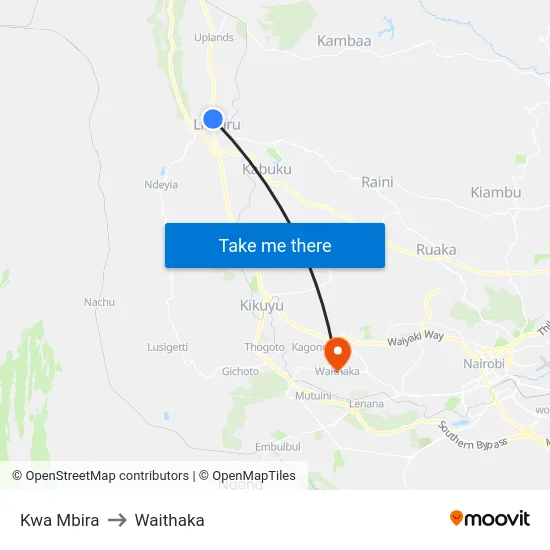 Kwa Mbira to Waithaka map