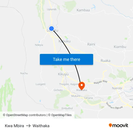 Kwa Mbira to Waithaka map