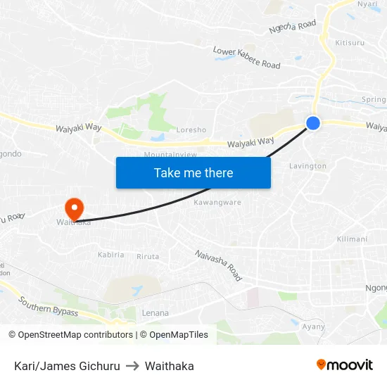 Kari/James Gichuru to Waithaka map