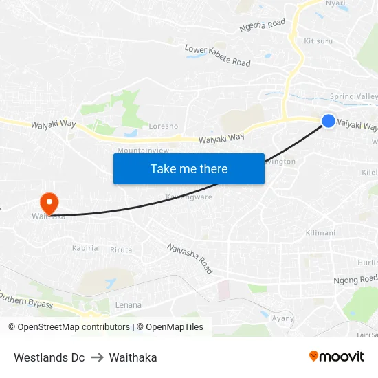 Westlands Dc to Waithaka map