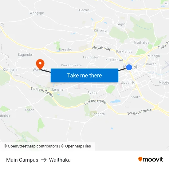 Main Campus to Waithaka map