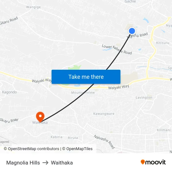 Magnolia Hills to Waithaka map