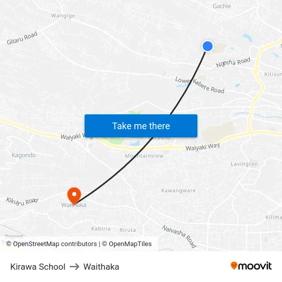 Kirawa School to Waithaka map