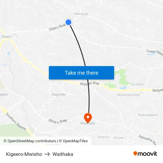 Kigeero-Mwisho to Waithaka map