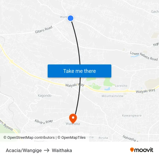 Acacia/Wangige to Waithaka map