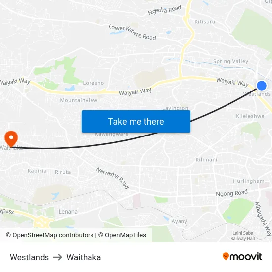 Westlands to Waithaka map
