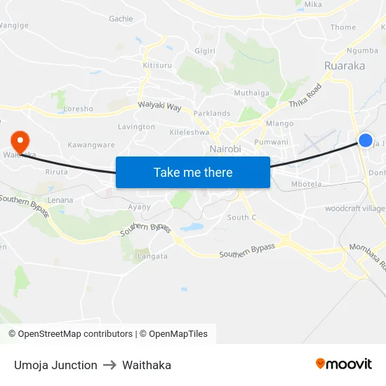 Umoja Junction to Waithaka map