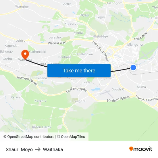 Shauri Moyo to Waithaka map