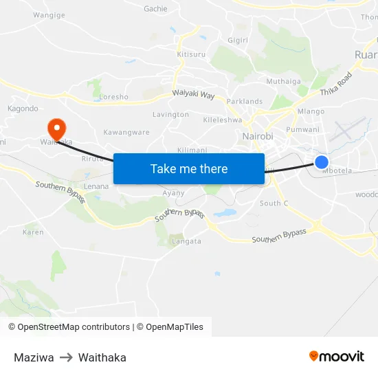 Maziwa to Waithaka map