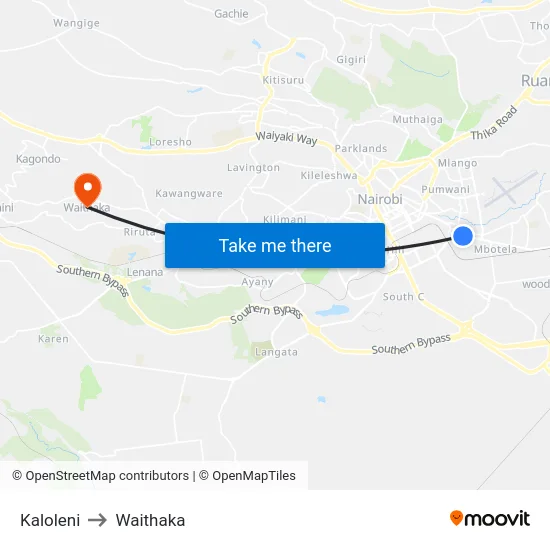 Kaloleni to Waithaka map