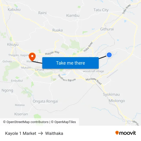 Kayole 1 Market to Waithaka map