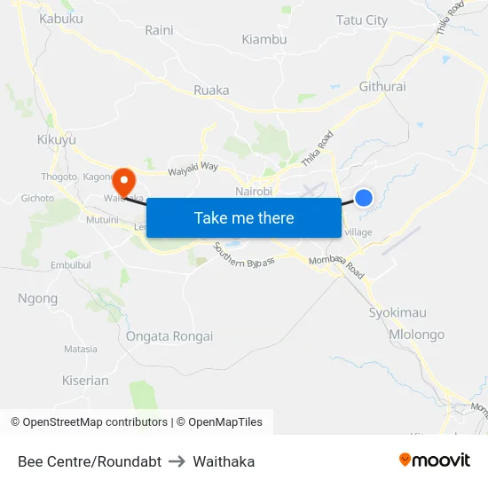 Bee Centre/Roundabt to Waithaka map