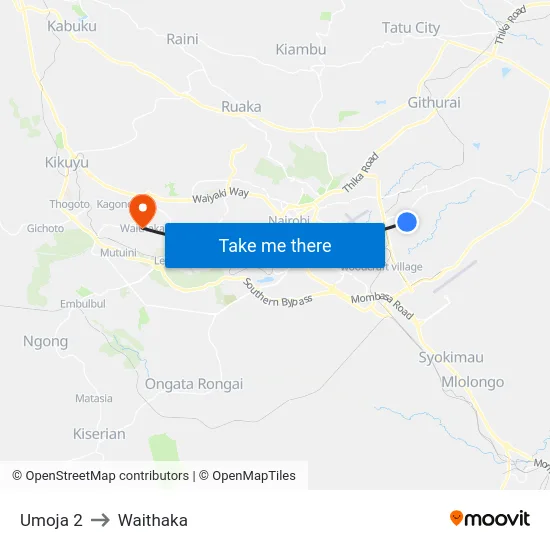 Umoja 2 to Waithaka map