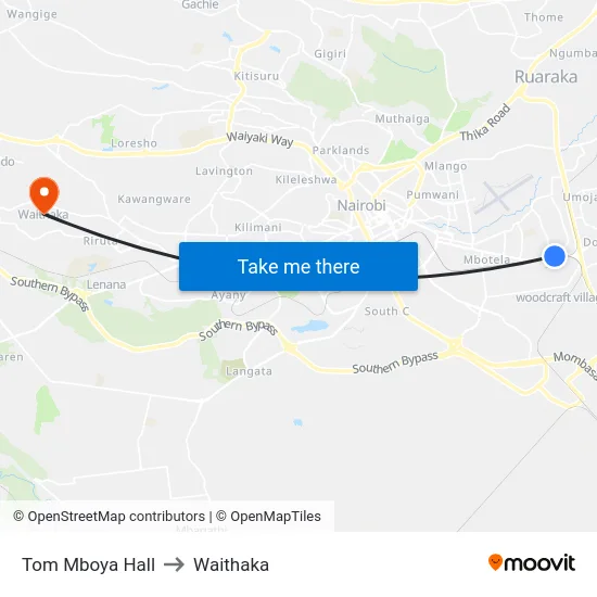 Tom Mboya Hall to Waithaka map