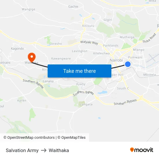 Salvation Army to Waithaka map