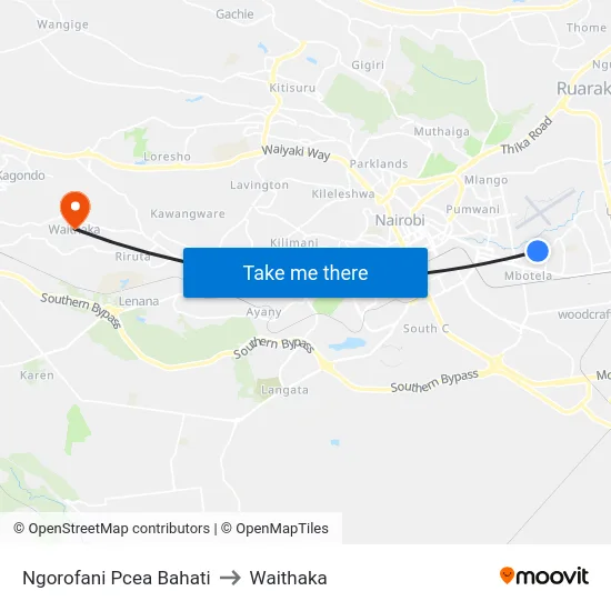 Ngorofani Pcea Bahati to Waithaka map